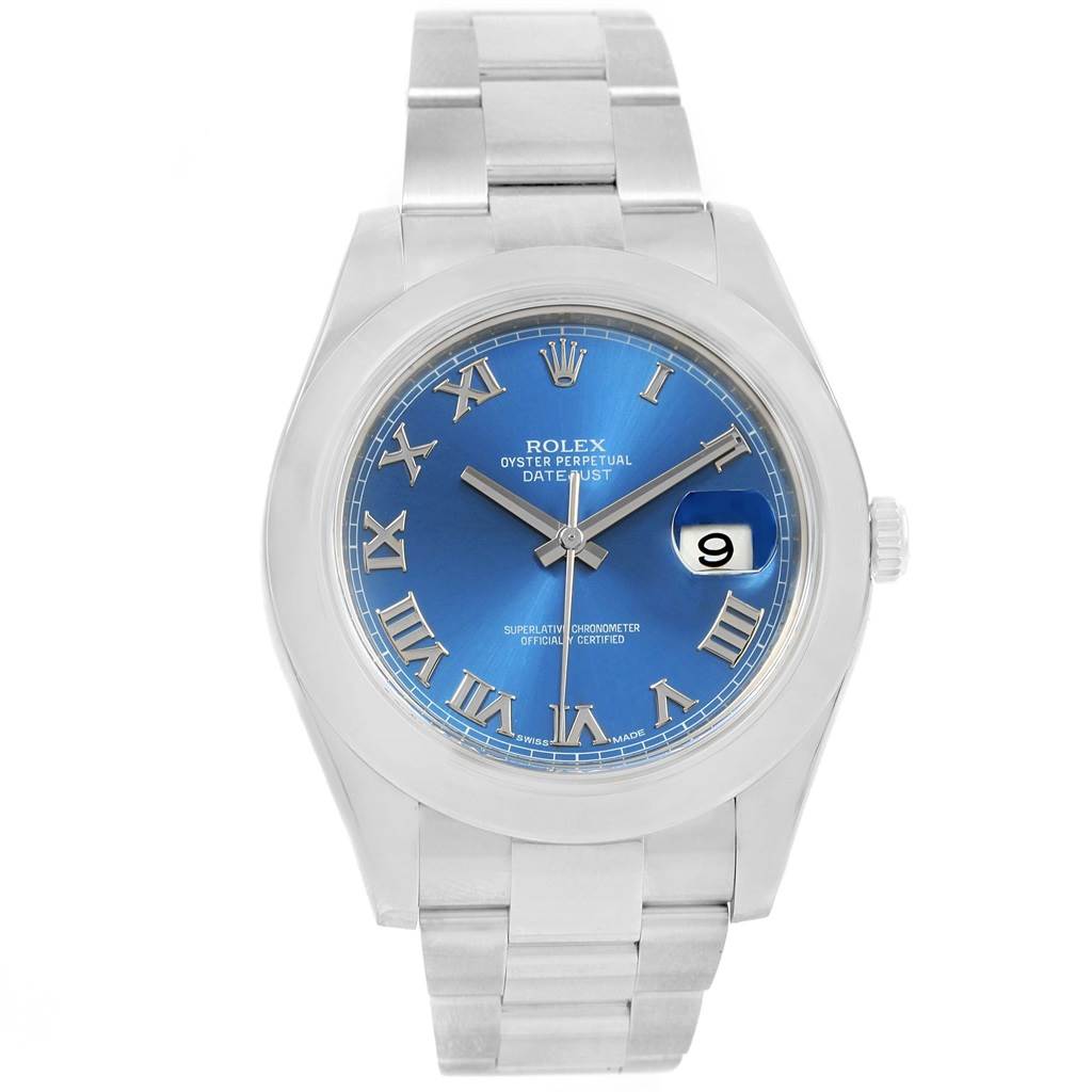 The image shows a frontal view of the Rolex Datejust 41 116300 Men's Stainless Steel Blue Dial 116300 Men's Stainless Steel Blue Dial watch with a blue dial and Roman numerals.