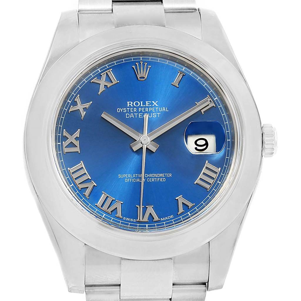 The image shows a front view of the Rolex Datejust 41 116300 Men's Stainless Steel Blue Dial 116300 Men's Stainless Steel Blue Dial watch, highlighting its blue dial, date window, and Roman numeral markers.
