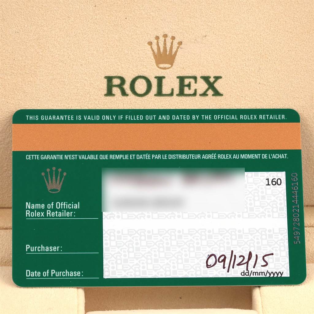 This image shows the guarantee card for the Rolex Datejust 41 116300 Men's Stainless Steel Blue Dial 116300 Men's Stainless Steel Blue Dial model.