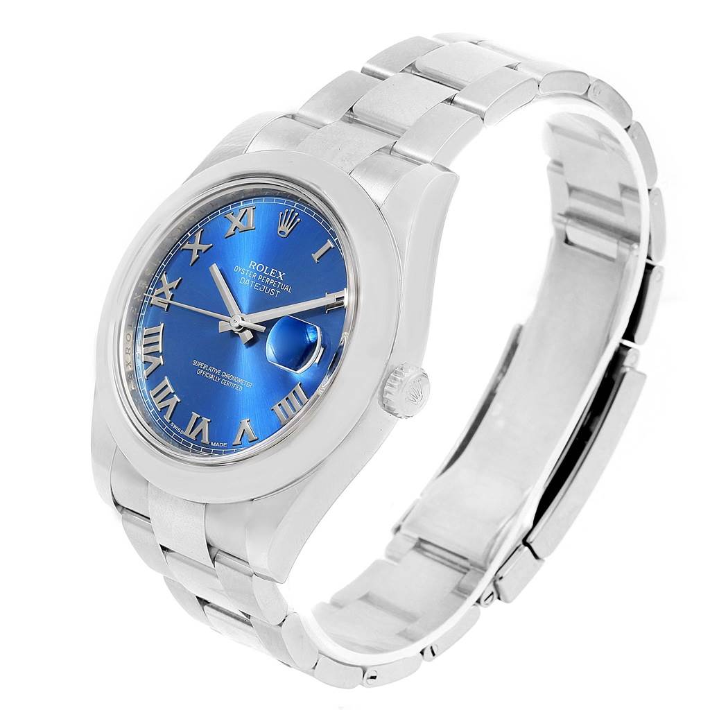 The image shows a Rolex Datejust 41 116300 Men's Stainless Steel Blue Dial 116300 Men's Stainless Steel Blue Dial watch with a blue dial and Roman numerals, viewed from a three-quarter angle.