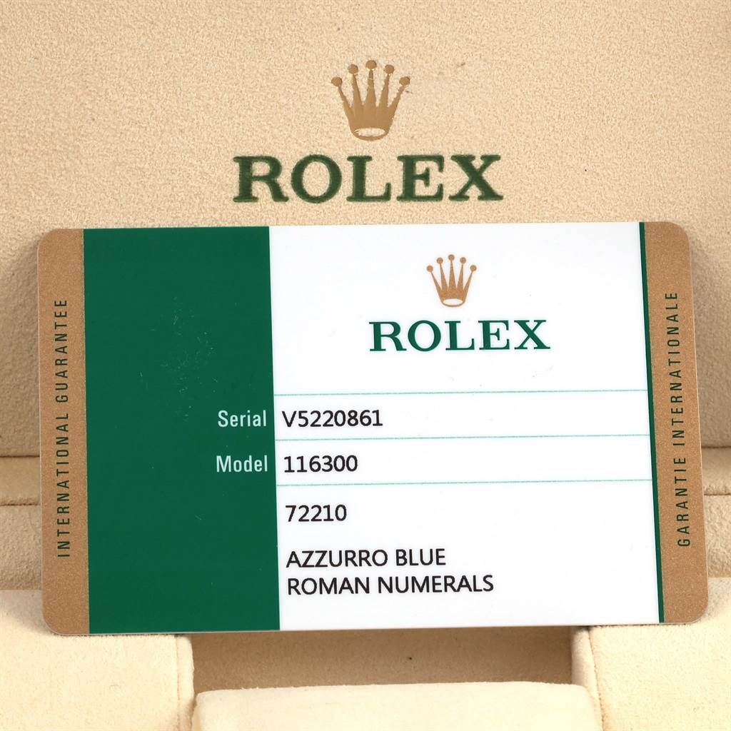 The image shows the warranty card for a Rolex Datejust 41 116300 Men's Stainless Steel Blue Dial 116300 Men's Stainless Steel Blue Dial model, displaying serial, model number, and dial details.
