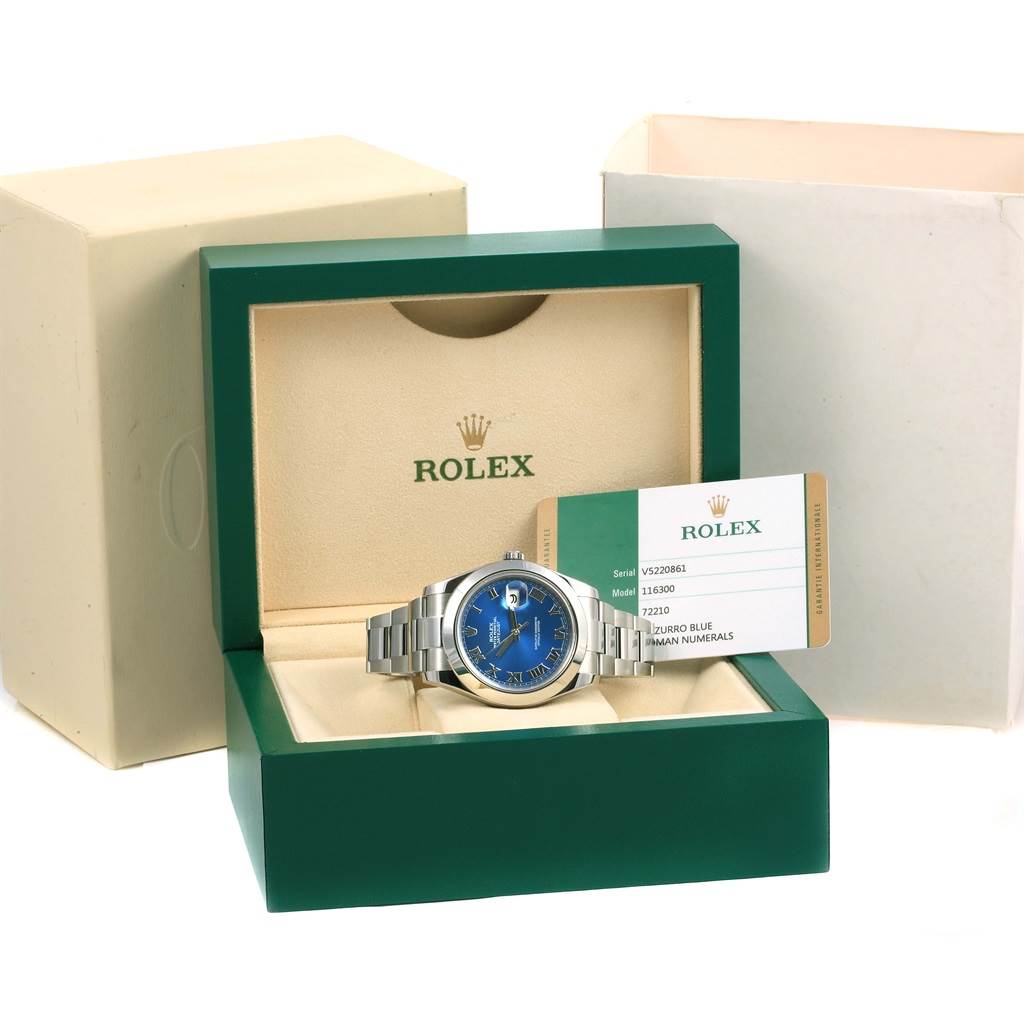 The image shows a Rolex Datejust 41 116300 Men's Stainless Steel Blue Dial 116300 Men's Stainless Steel Blue Dial model watch in its open box, displaying its face and band, along with a certification card.