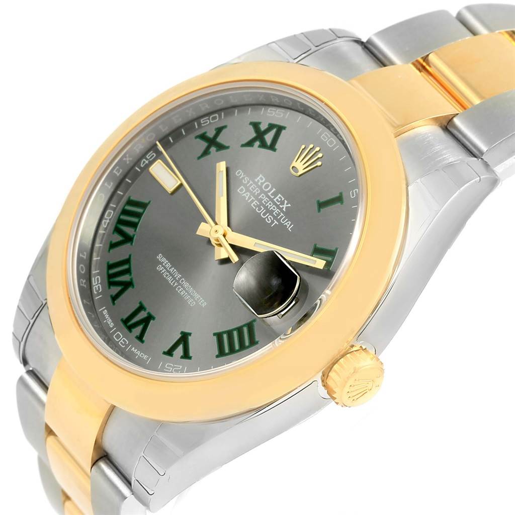 This image shows a close-up, angled view of a Rolex Datejust 41 126303 Men's Steel and Gold (two tone) Grey Dial 126303 Men's Steel and Gold (two tone) Grey Dial watch, focusing on the dial, bezel, and bracelet.
