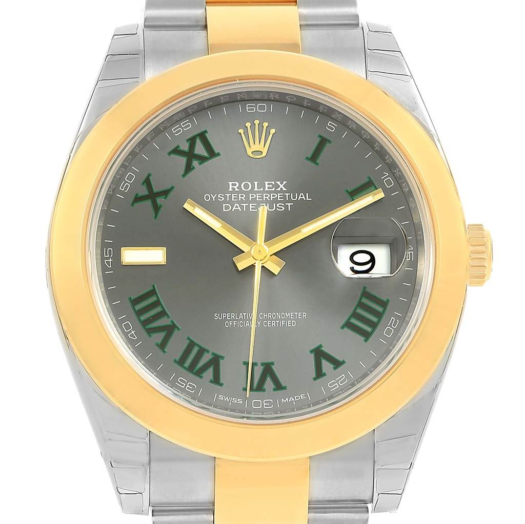 The image shows a frontal view of the Rolex Datejust 41 126303 Men's Steel and Gold (two tone) Grey Dial 126303 Men's Steel and Gold (two tone) Grey Dial watch, highlighting its dual-tone bezel, green Roman numerals, and date window.