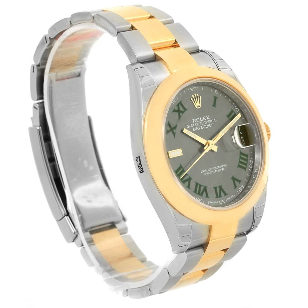 The image shows a Rolex Datejust 41 126303 Men's Steel and Gold (two tone) Grey Dial 126303 Men's Steel and Gold (two tone) Grey Dial watch at a three-quarter angle, highlighting its green dial, Roman numerals, and two-tone bracelet.