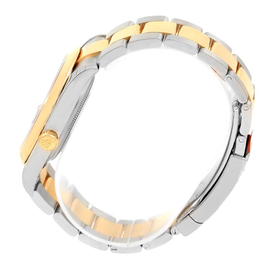 The image shows a side profile of a Rolex Datejust 41 126303 Men's Steel and Gold (two tone) Grey Dial 126303 Men's Steel and Gold (two tone) Grey Dial watch, highlighting the crown, case, and bracelet in two-tone metal.