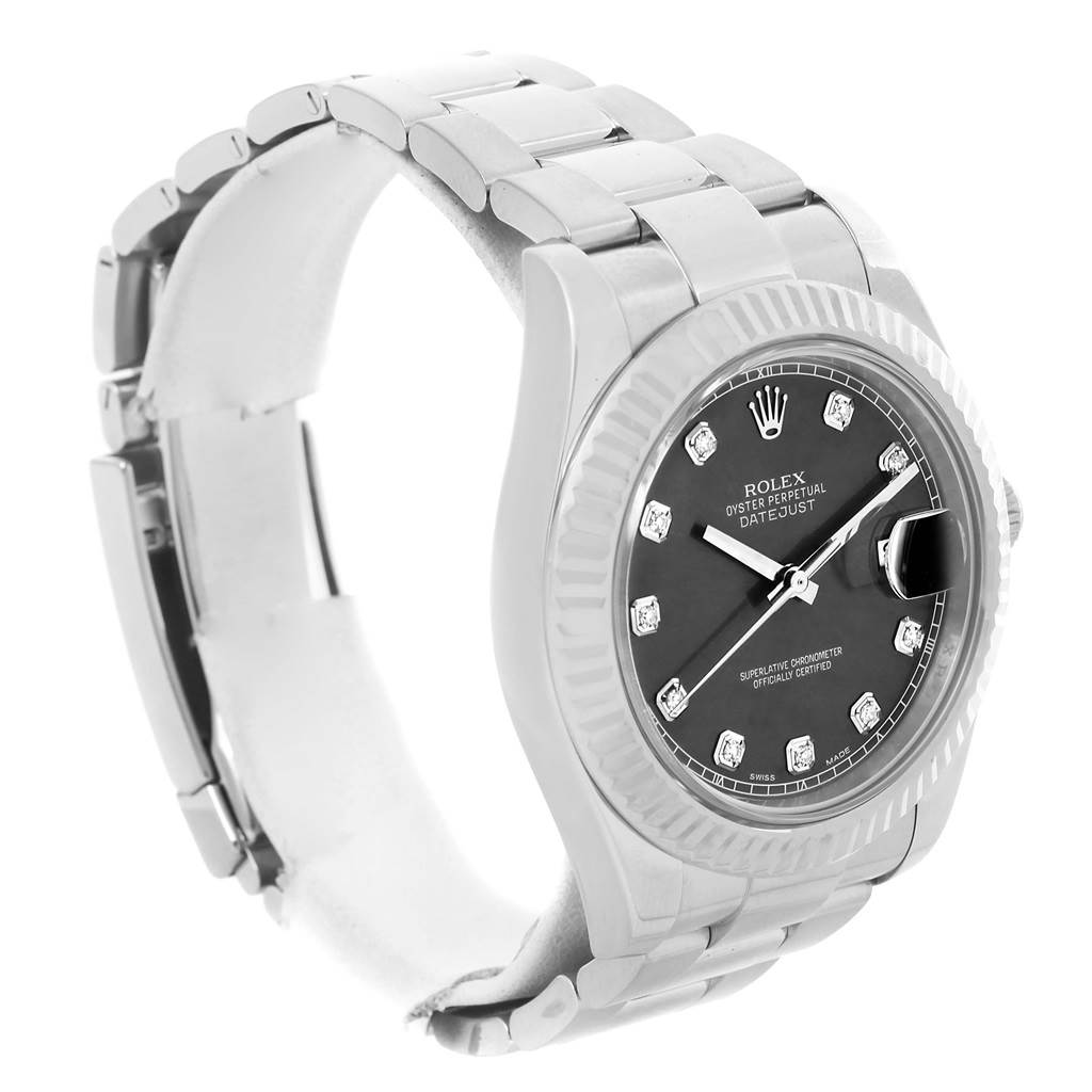 This image shows a Rolex Datejust 41 116334 Men's Stainless Steel Grey Dial 116334 Men's Stainless Steel Grey Dial watch from a left-side angle, highlighting the dial, bezel, bracelet, and crown.