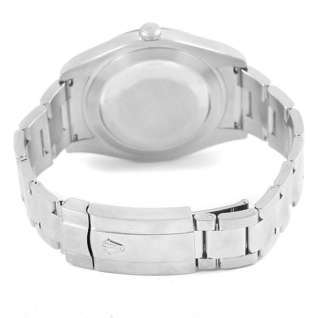 This image of the Rolex Datejust 41 116334 Men's Stainless Steel Grey Dial 116334 Men's Stainless Steel Grey Dial watch shows the case back and clasp from a rear angle.