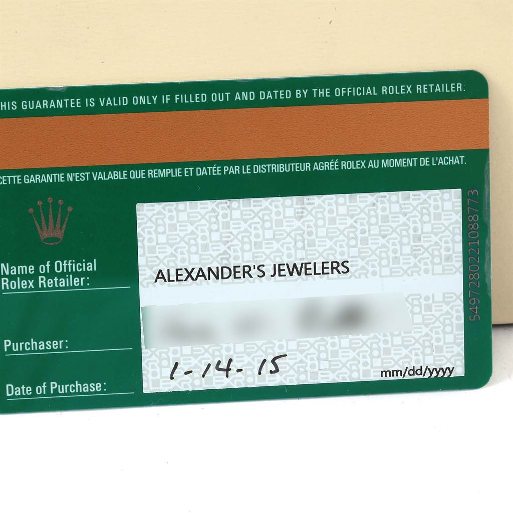 The image shows a guarantee card for the Rolex Datejust 41 116334 Men's Stainless Steel Grey Dial 116334 Men's Stainless Steel Grey Dial, including the retailer's name, purchase date, and other details.