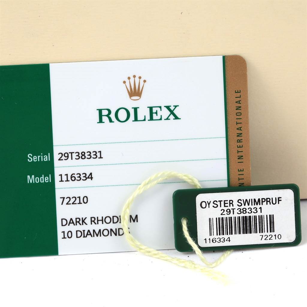 The image shows the warranty card and Oyster Swimpruf tag for the Rolex Datejust 41 116334 Men's Stainless Steel Grey Dial 116334 Men's Stainless Steel Grey Dial model 116334.