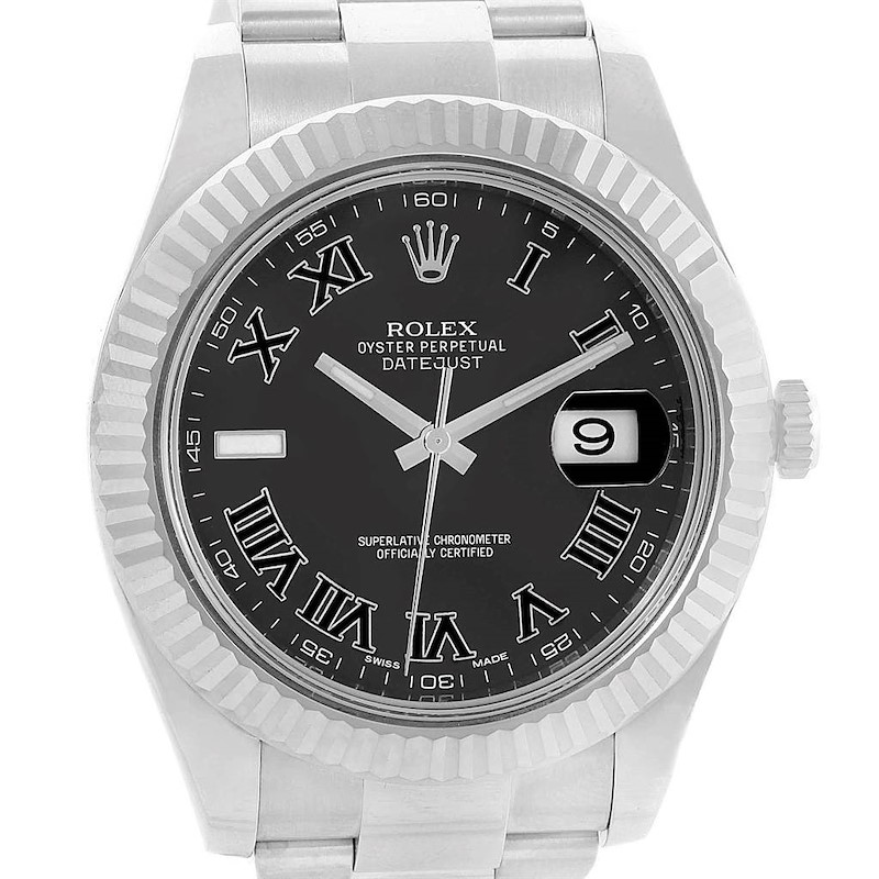 The Rolex Datejust 41 watch is shown from the front, displaying its black Roman numeral dial and fluted bezel.