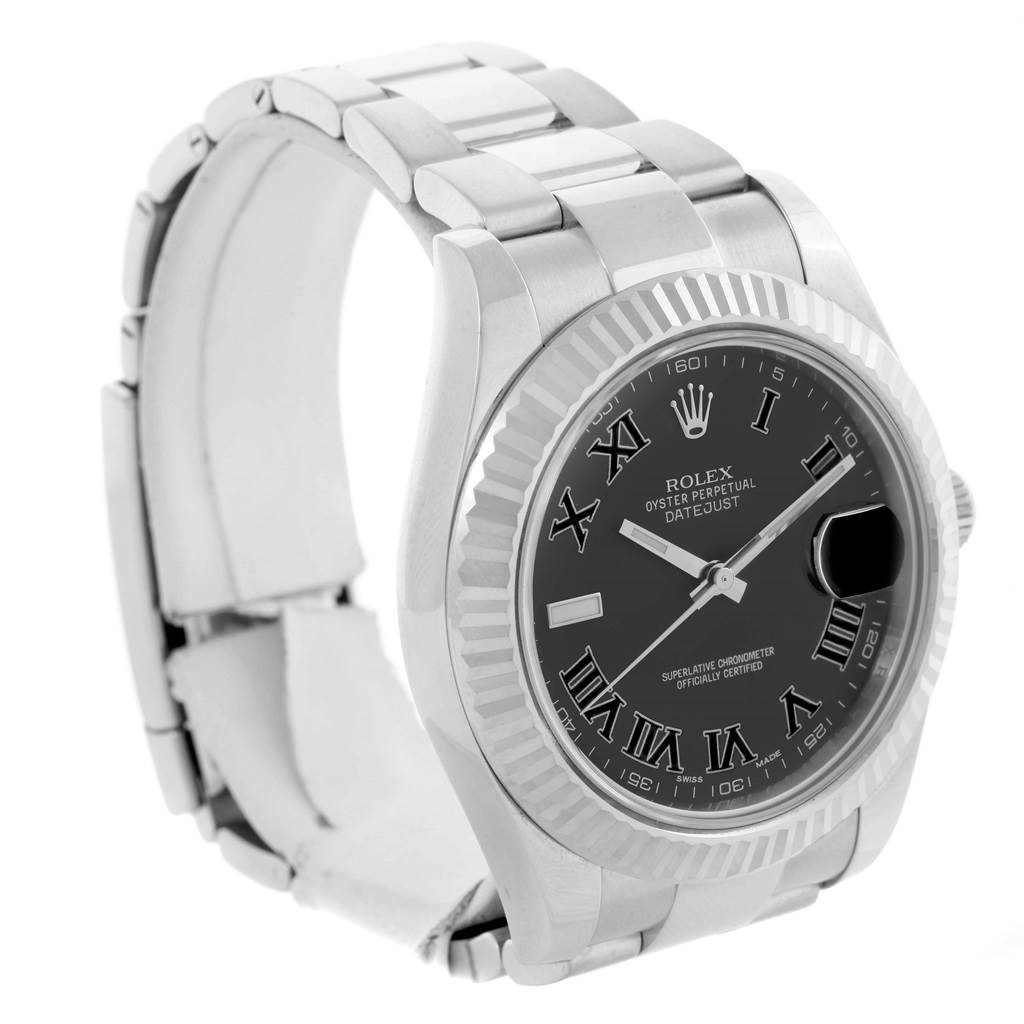 This image shows a right-side angle of a Rolex Datejust 41 116334 Men's Stainless Steel Grey Dial 116334 Men's Stainless Steel Grey Dial watch, highlighting its bracelet, bezel, and dial with Roman numerals.