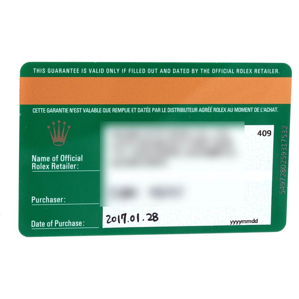 This is an image of the warranty card for the Rolex Datejust 41 116334 Men's Stainless Steel Grey Dial 116334 Men's Stainless Steel Grey Dial model, showing information fields and a purchase date.