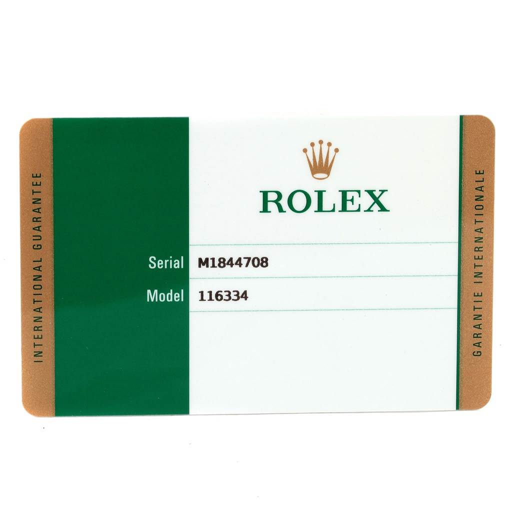 This image shows the international guarantee card for a Rolex Datejust 41 116334 Men's Stainless Steel Grey Dial 116334 Men's Stainless Steel Grey Dial watch, model 116334.