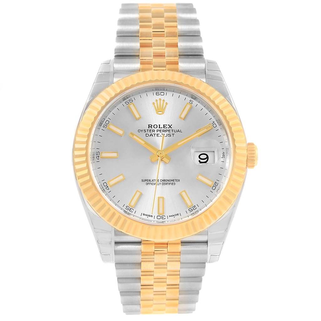 The image shows a front view of a Rolex Datejust 41 126333 Men's Steel and Gold (two tone) Silver Dial 126333 Men's Steel and Gold (two tone) Silver Dial watch with a Jubilee bracelet and a fluted bezel.