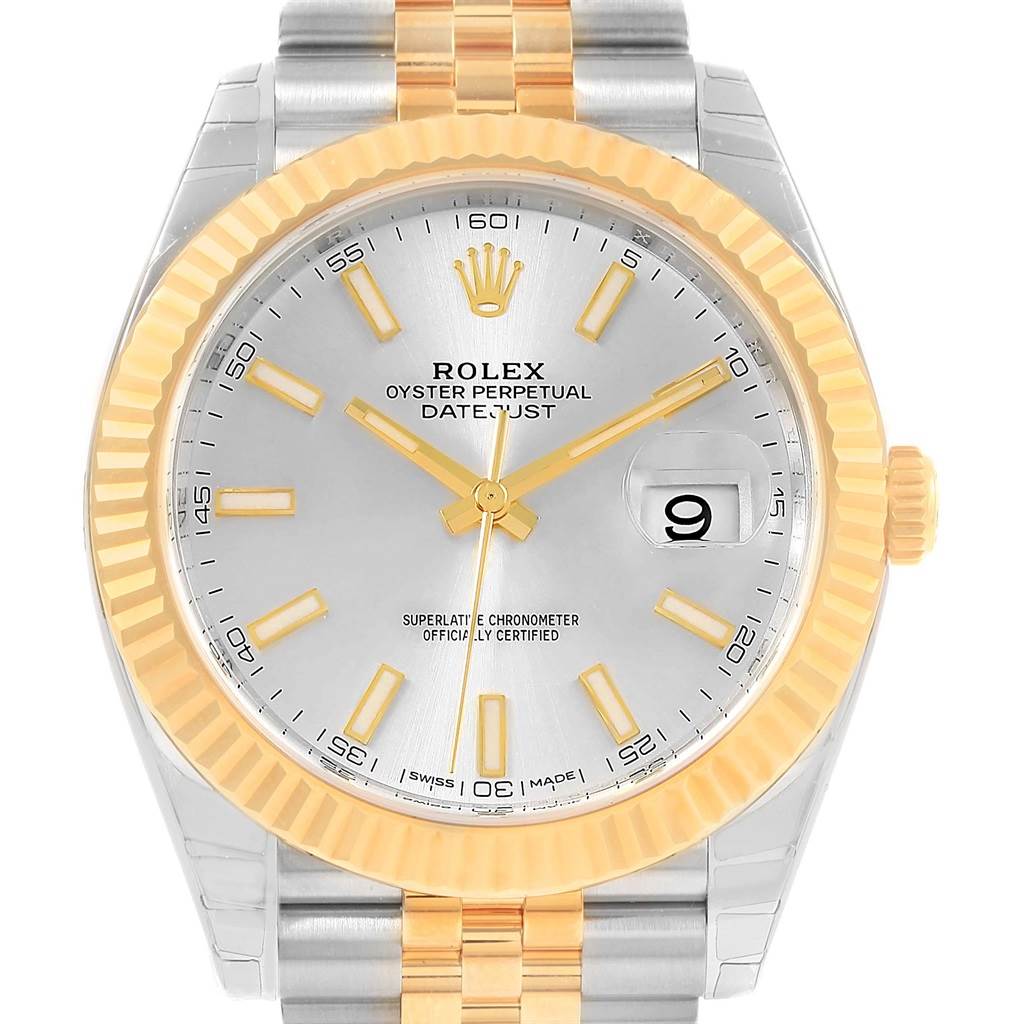 The Rolex Datejust 41 126333 Men's Steel and Gold (two tone) Silver Dial 126333 Men's Steel and Gold (two tone) Silver Dial model is shown from the front, highlighting the dial, hands, date window, bezel, and part of the bracelet.