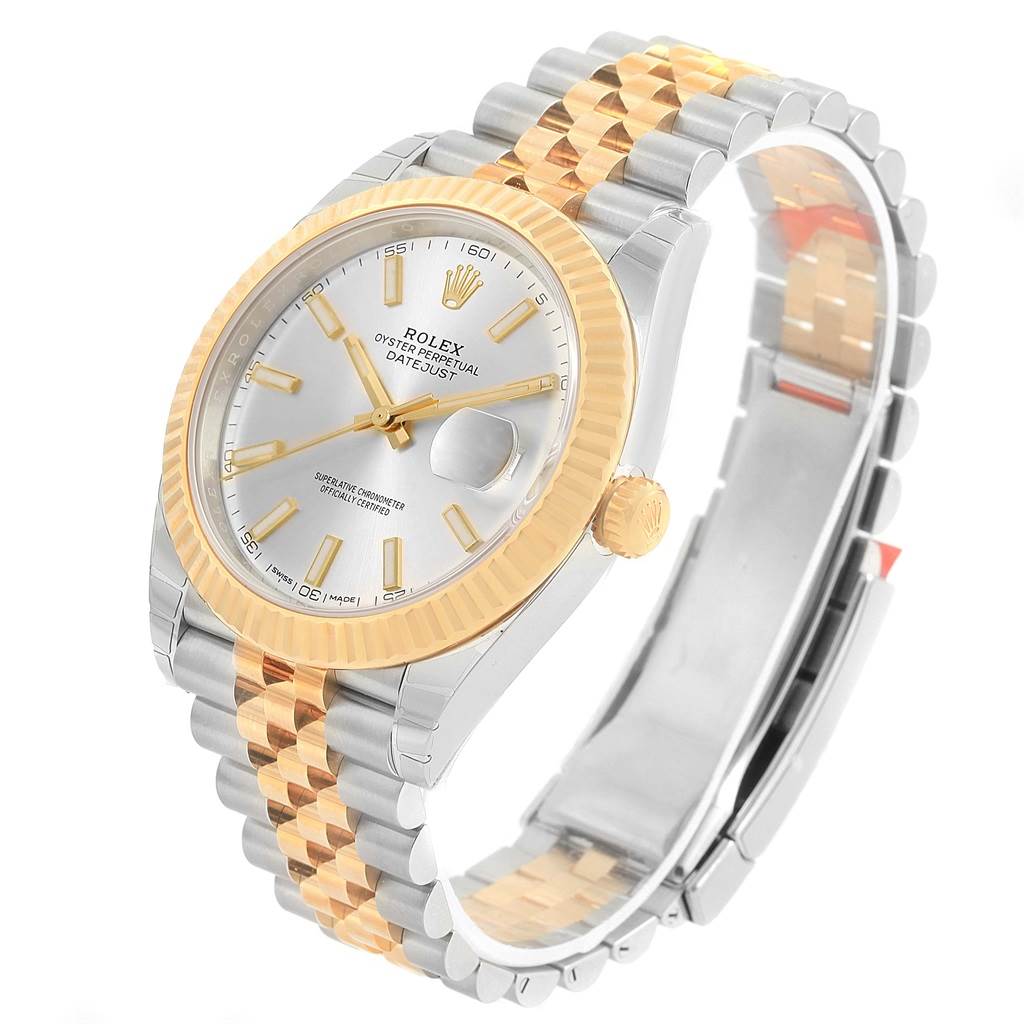 The image shows a Rolex Datejust 41 126333 Men's Steel and Gold (two tone) Silver Dial 126333 Men's Steel and Gold (two tone) Silver Dial watch at a slight angle, displaying the dial, bezel, case, crown, and bracelet.