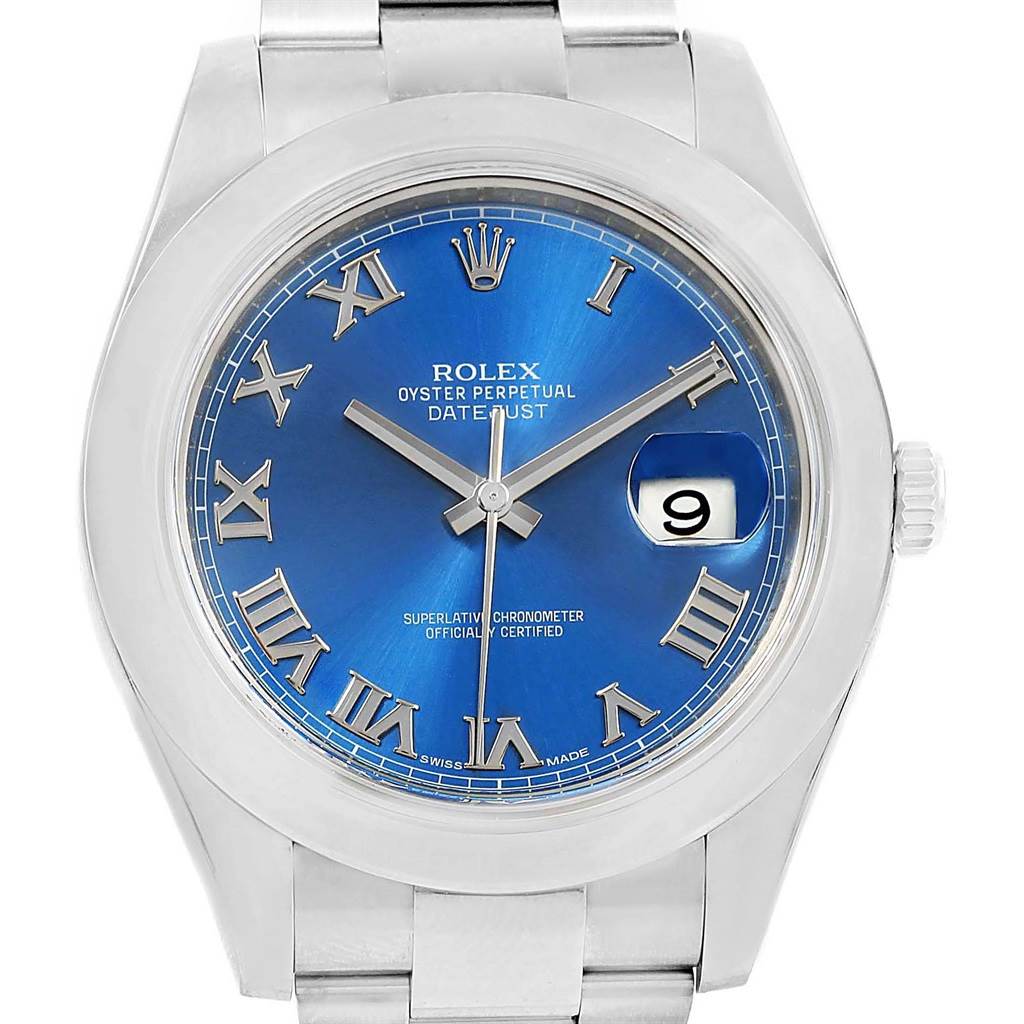 The image shows a front view of a Rolex Datejust 41 116300 Men
s Stainless Steel Blue Dial 116300 Men
s Stainless Steel Blue Dial watch, featuring a blue dial with Roman numerals and a date window at 3 o
clock.