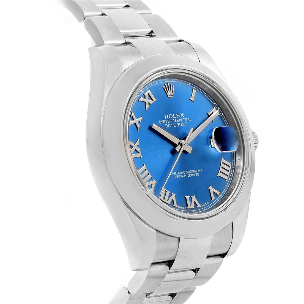 This image shows the Rolex Datejust 41 116300 Men
s Stainless Steel Blue Dial 116300 Men
s Stainless Steel Blue Dial watch at a three-quarter angle, highlighting its blue dial, Roman numerals, and the bracelet.