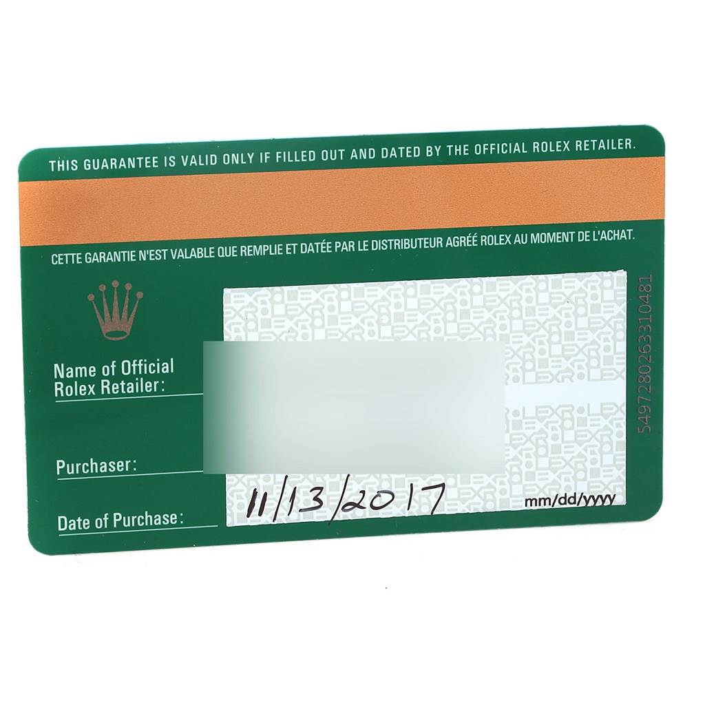 The image shows a warranty card for the Rolex Datejust 41 116300 Men
s Stainless Steel Blue Dial 116300 Men
s Stainless Steel Blue Dial watch, dated 11/13/2017.