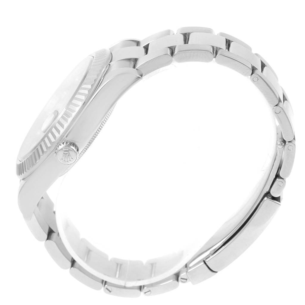 This image shows a side view of the Rolex Datejust 41 116334 Men's Stainless Steel Grey Dial 116334 Men's Stainless Steel Grey Dial watch, highlighting the crown, bezel, and bracelet.