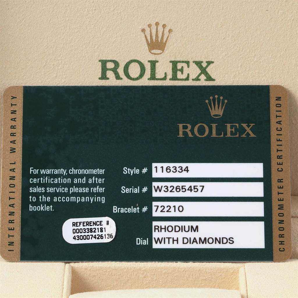 This image shows the warranty card for a Rolex Datejust 41 116334 Men's Stainless Steel Grey Dial 116334 Men's Stainless Steel Grey Dial model, including style, serial, and bracelet numbers, and dial details.