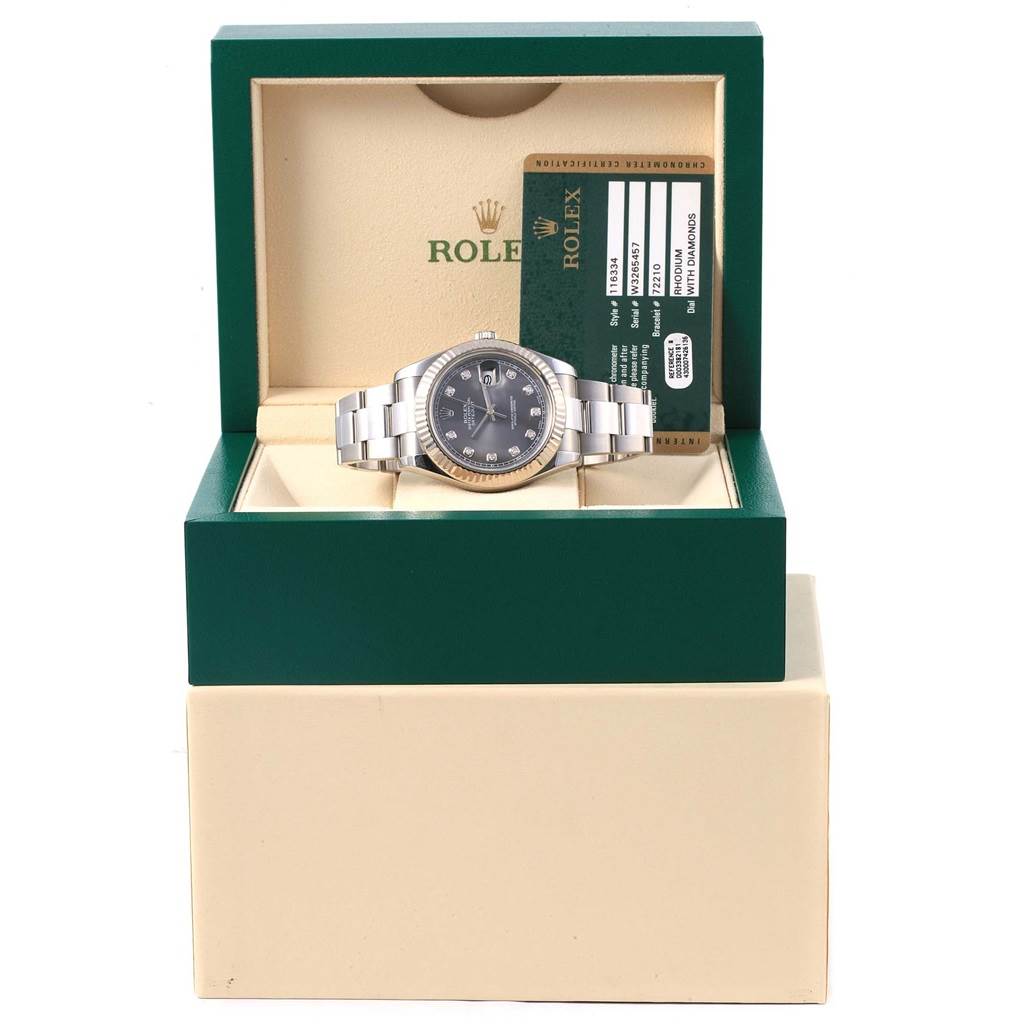 The image shows a Rolex Datejust 41 116334 Men's Stainless Steel Grey Dial 116334 Men's Stainless Steel Grey Dial model watch front-facing in its open green and beige box with an authenticity card.