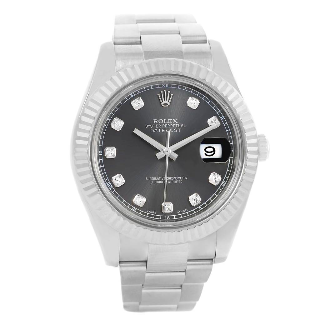The Rolex Datejust 41 116334 Men's Stainless Steel Grey Dial 116334 Men's Stainless Steel Grey Dial is shown from the front, displaying its face, dial, bezel, crown, and bracelet.