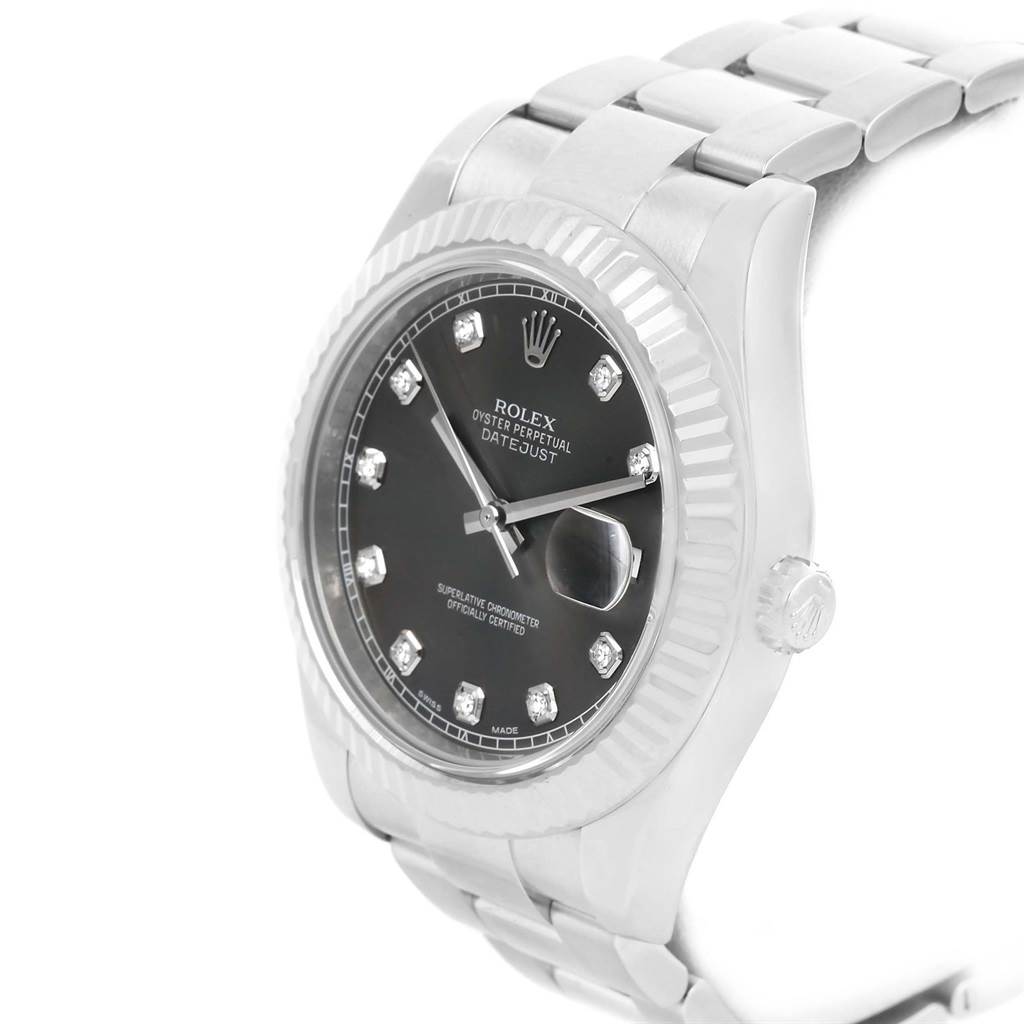 The image shows a Rolex Datejust 41 116334 Men's Stainless Steel Grey Dial 116334 Men's Stainless Steel Grey Dial watch at a three-quarter angle, highlighting its black dial, fluted bezel, and stainless steel bracelet.