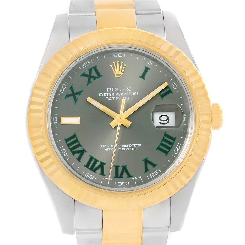 This is a front view of a Rolex Datejust 41 116333 Men's Steel and Gold (two tone) Grey Dial 116333 Men's Steel and Gold (two tone) Grey Dial watch, showcasing its face, bezel, and part of the bracelet.
