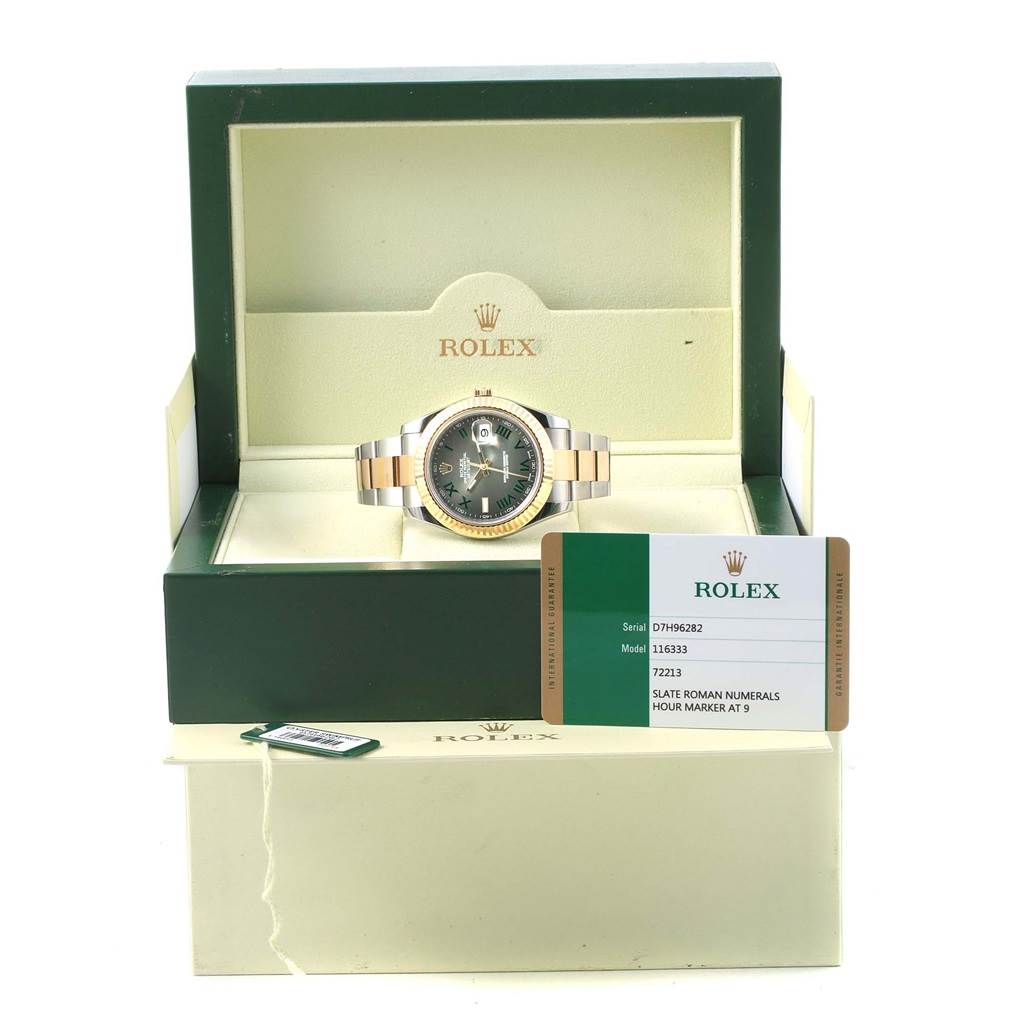 The image shows a Rolex Datejust 41 116333 Men's Steel and Gold (two tone) Grey Dial 116333 Men's Steel and Gold (two tone) Grey Dial watch in its box, along with its warranty card in front.