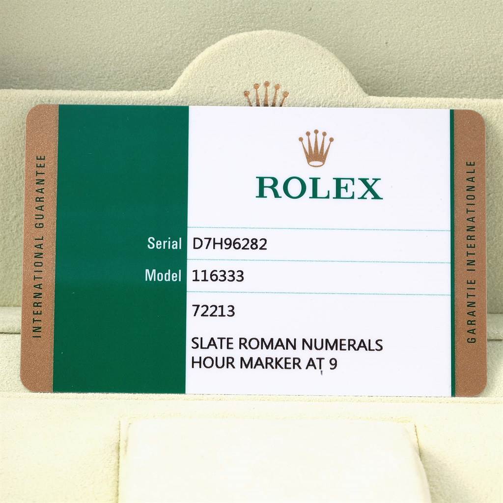 This image shows the warranty card for a Rolex Datejust 41 116333 Men's Steel and Gold (two tone) Grey Dial 116333 Men's Steel and Gold (two tone) Grey Dial model with the model number 116333.