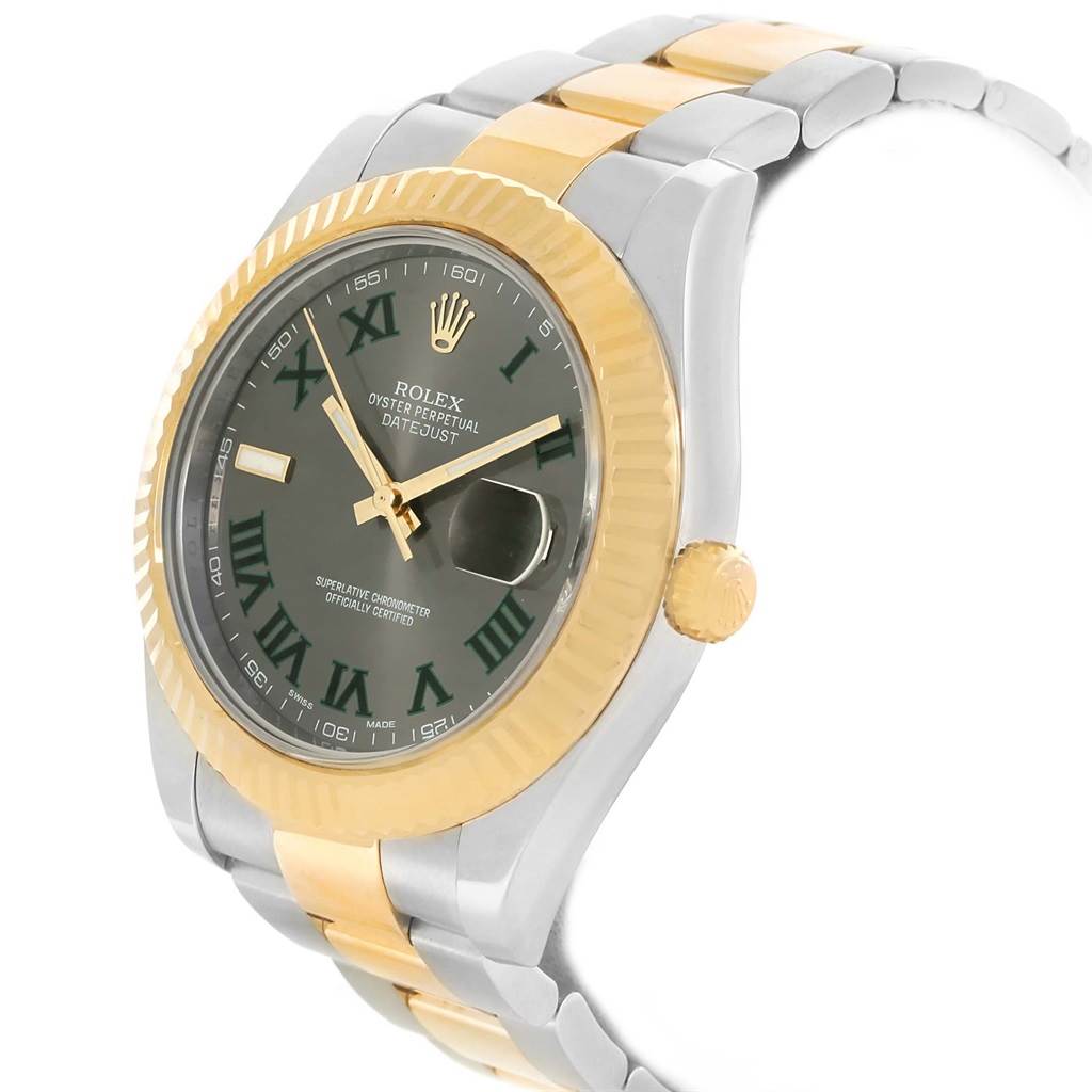 The image shows a side view of a Rolex Datejust 41 116333 Men's Steel and Gold (two tone) Grey Dial 116333 Men's Steel and Gold (two tone) Grey Dial watch, highlighting its two-tone gold and silver bracelet, fluted bezel, and green dial.