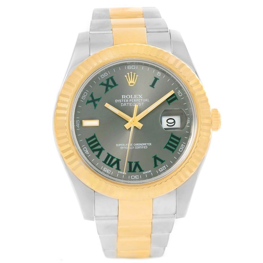 This image shows a Rolex Datejust 41 116333 Men's Steel and Gold (two tone) Grey Dial 116333 Men's Steel and Gold (two tone) Grey Dial model watch seen from the front, highlighting its gold and silver band, green Roman numeral dial, and fluted bezel.
