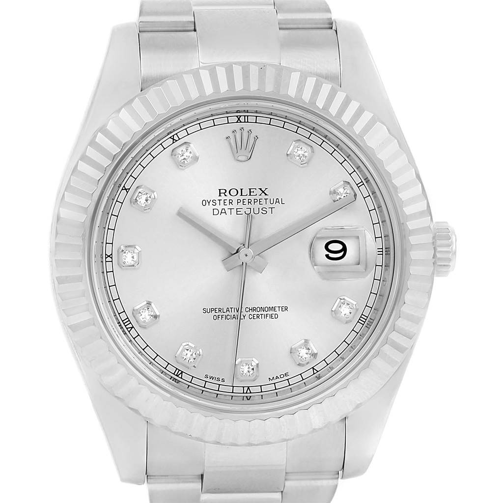 The Rolex Datejust 41 116334 Men's Stainless Steel Silver Dial 116334 Men's Stainless Steel Silver Dial watch is shown from a front angle, displaying the dial, bezel, and part of the bracelet.