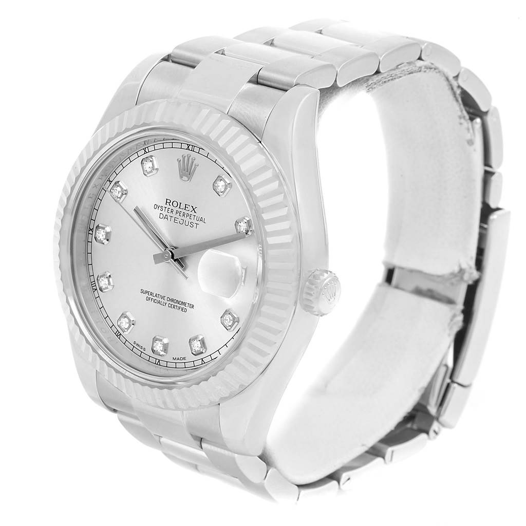 The Datejust 41 Rolex watch is shown in a three-quarter view highlighting the bracelet, face, and case.