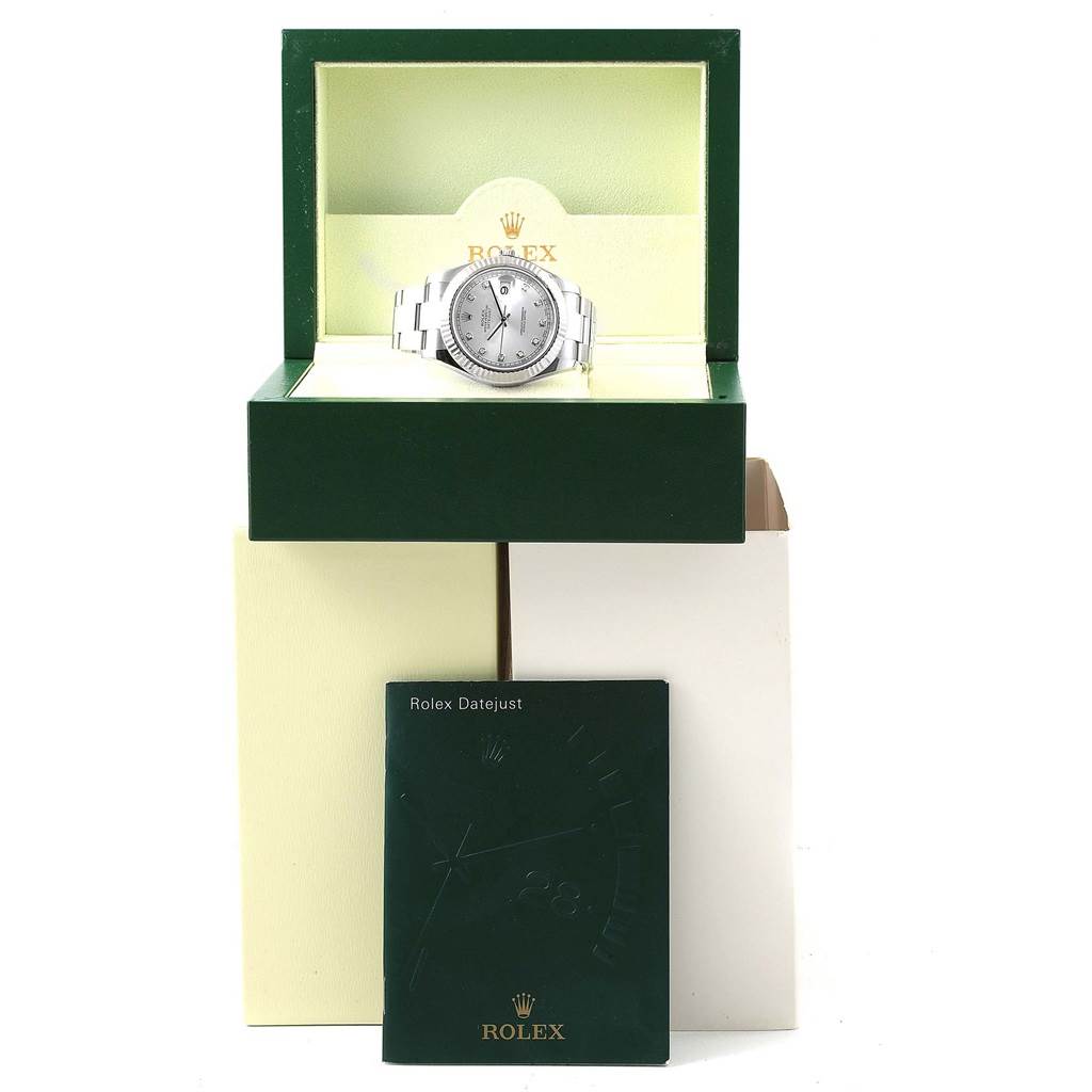 The image shows a Rolex Datejust 41 116334 Men's Stainless Steel Silver Dial 116334 Men's Stainless Steel Silver Dial watch in its green box, with an instruction booklet displayed in front.