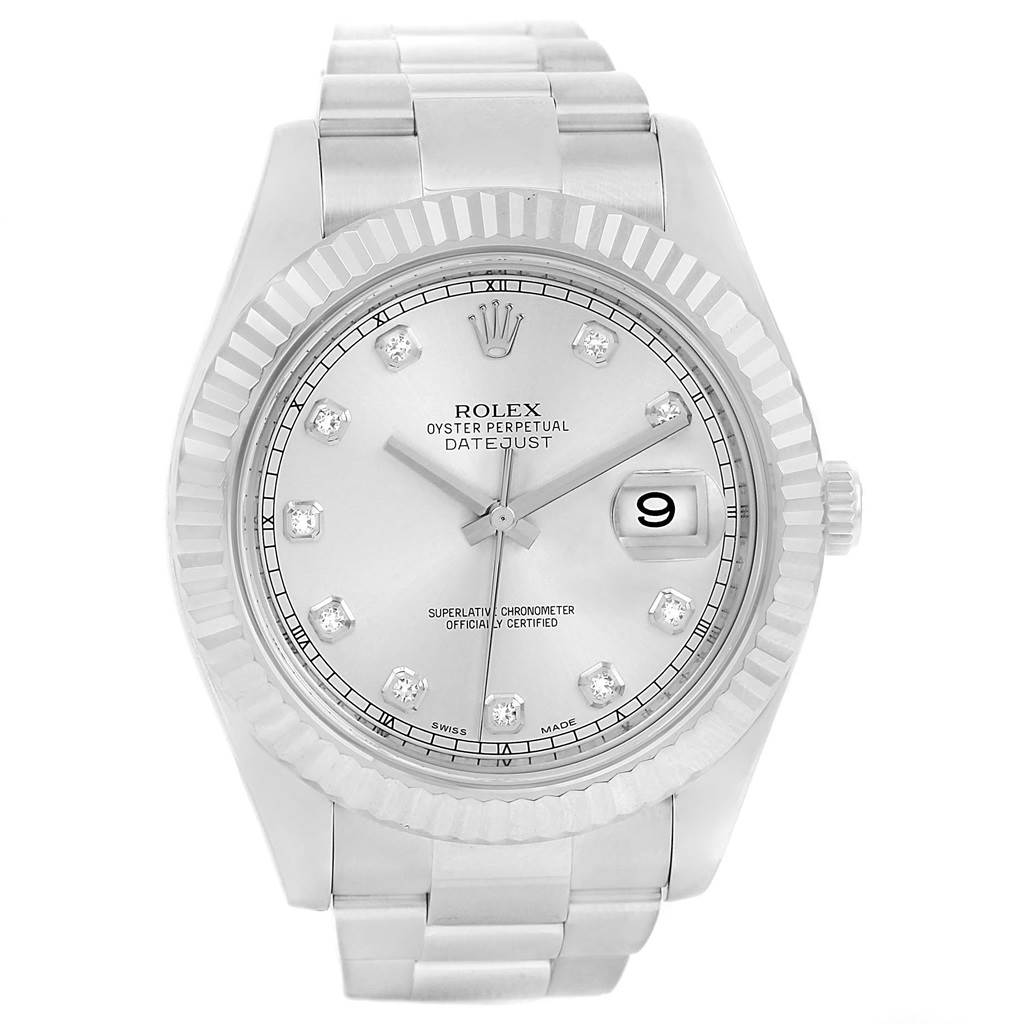 This image shows a front view of the Rolex Datejust 41 116334 Men's Stainless Steel Silver Dial 116334 Men's Stainless Steel Silver Dial watch, highlighting its dial, hands, date window, and bracelet.