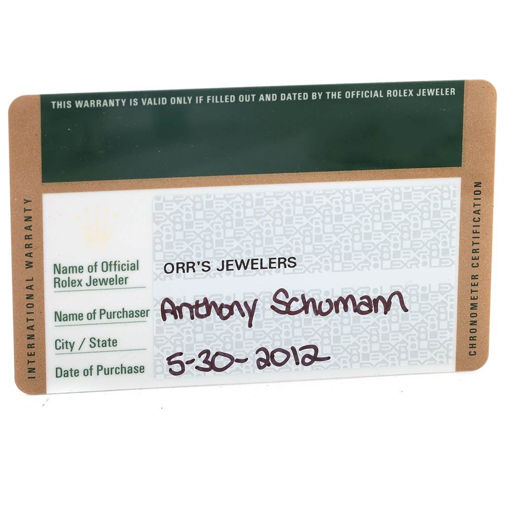 The image shows an international warranty card for the Rolex Datejust 41 116334 Men's Stainless Steel Blue Dial 116334 Men's Stainless Steel Blue Dial model.