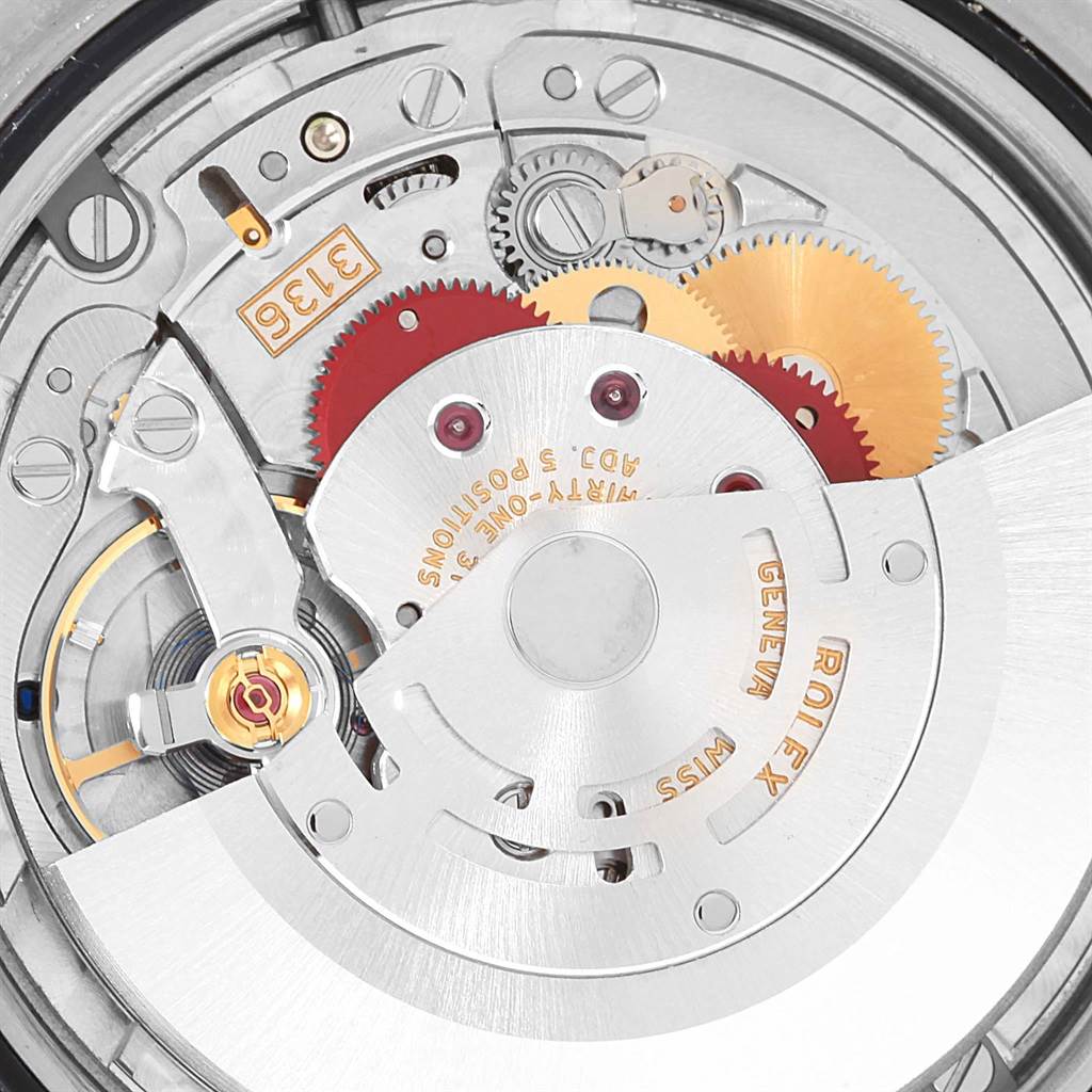 This image shows a close-up view of the movement and internal mechanics of a Rolex Datejust 41 116334 Men's Stainless Steel Blue Dial 116334 Men's Stainless Steel Blue Dial.