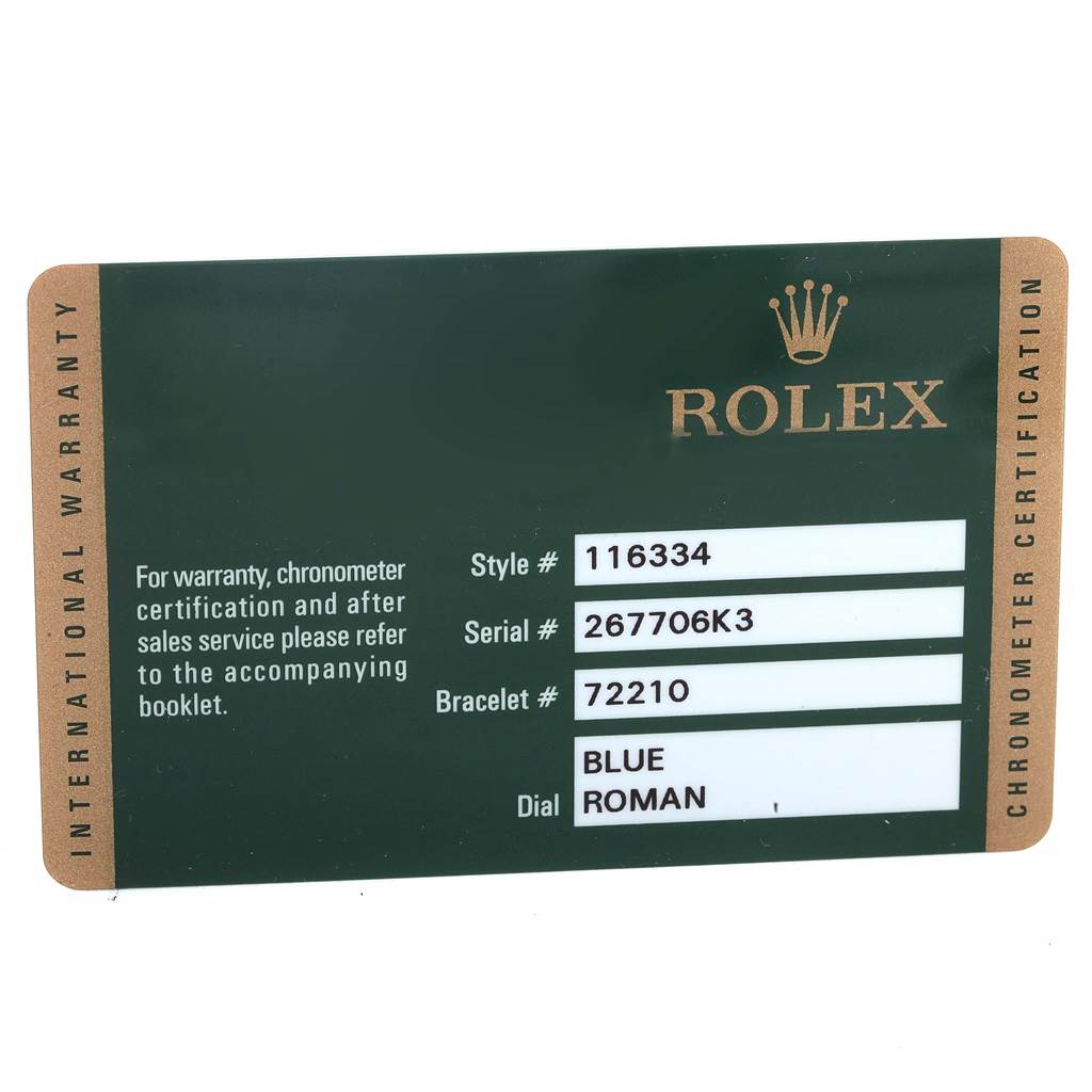 This image shows the International Warranty card for the Rolex Datejust 41 116334 Men's Stainless Steel Blue Dial 116334 Men's Stainless Steel Blue Dial model.