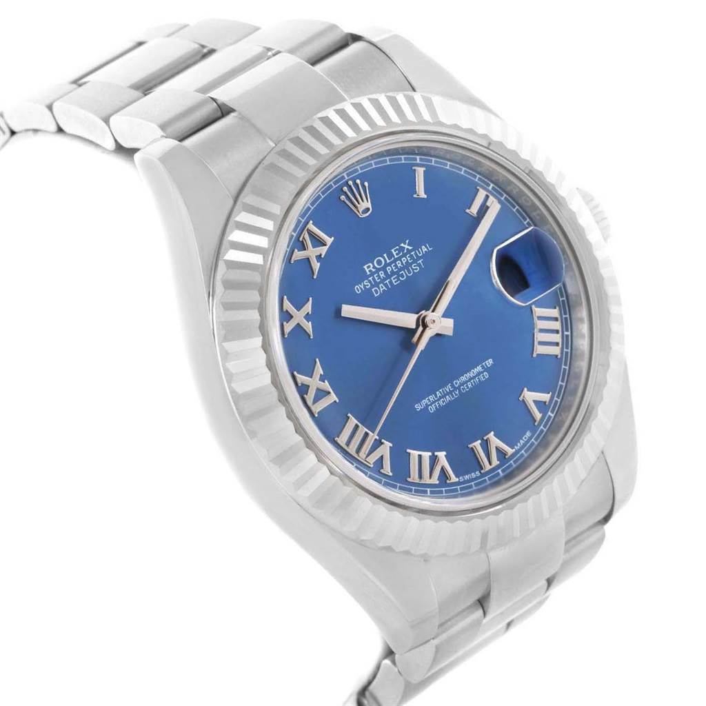 This image shows a Rolex Datejust 41 116334 Men's Stainless Steel Blue Dial 116334 Men's Stainless Steel Blue Dial watch at a three-quarter angle, highlighting the blue dial, Roman numerals, and the stainless steel bracelet.