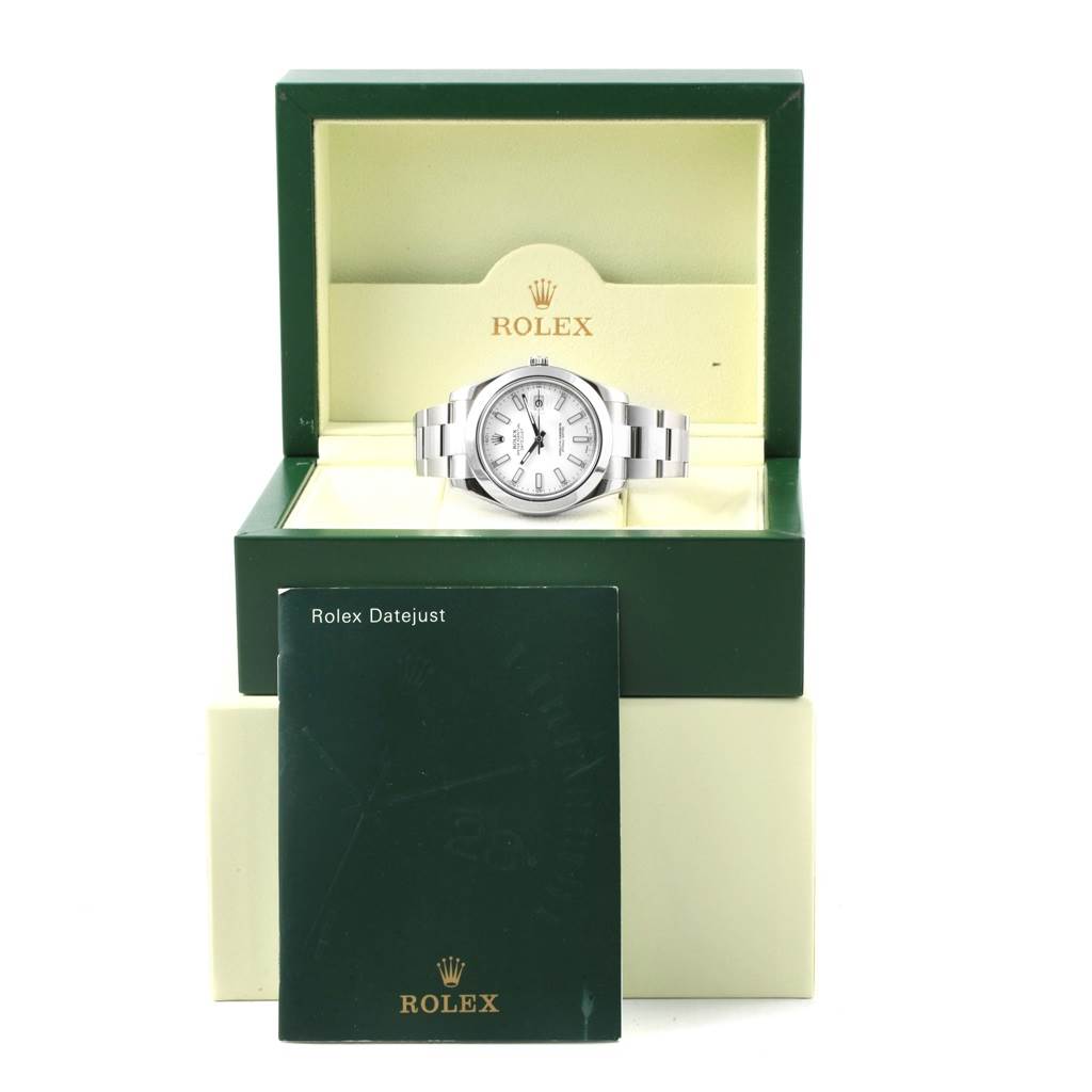 The image shows the Rolex Datejust 41 116300 Men
s Stainless Steel White Dial 116300 Men
s Stainless Steel White Dial watch displayed in its open green box, with an instruction booklet propped in front.