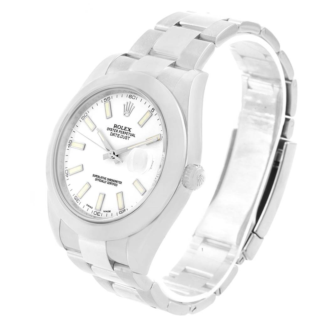 The Rolex Datejust 41 116300 Men
s Stainless Steel White Dial 116300 Men
s Stainless Steel White Dial watch is shown at a three-quarter angle, displaying the face, crown, and bracelet.