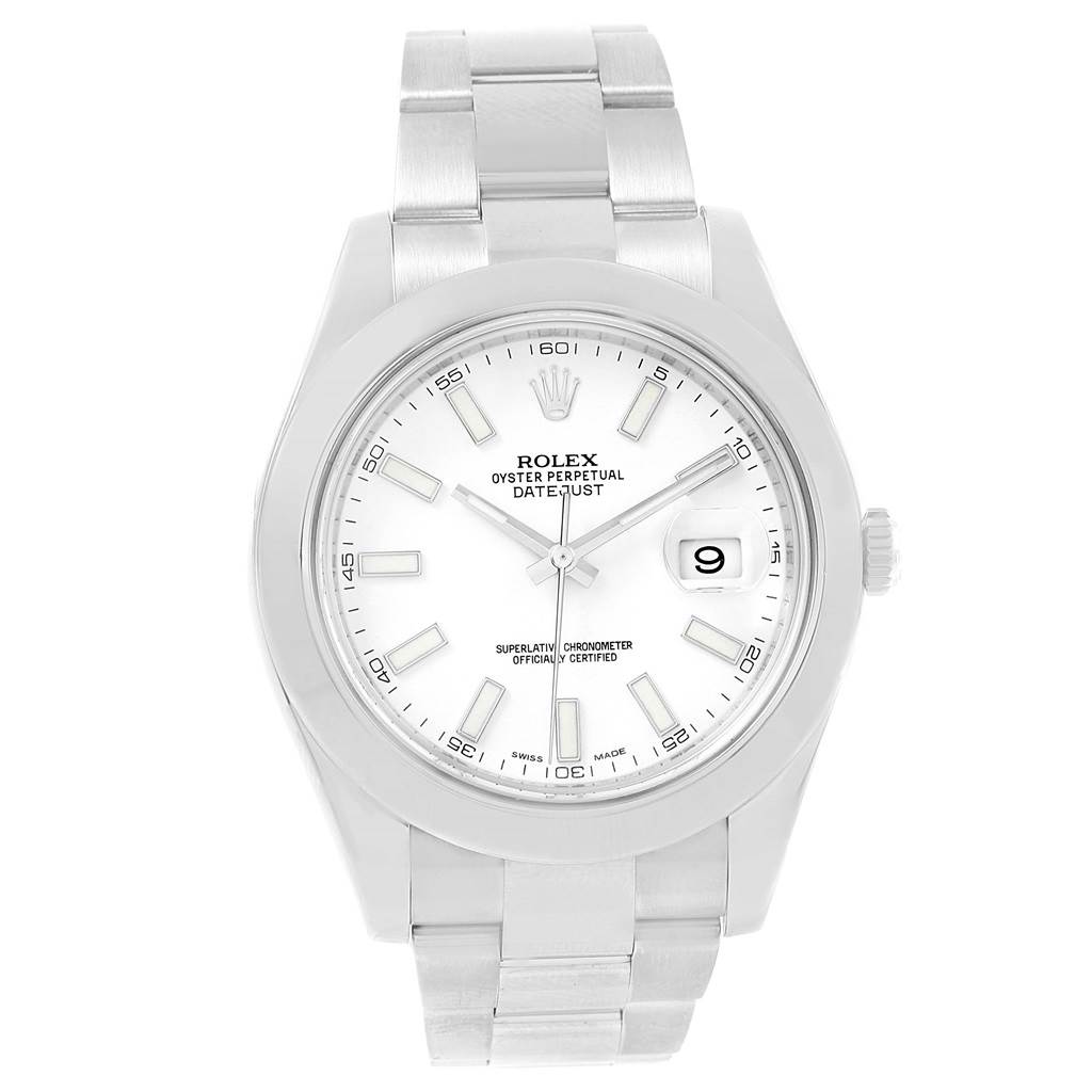 The image shows the front view of the Rolex Datejust 41 116300 Men
s Stainless Steel White Dial 116300 Men
s Stainless Steel White Dial watch, displaying its dial, hands, date window, and bracelet.