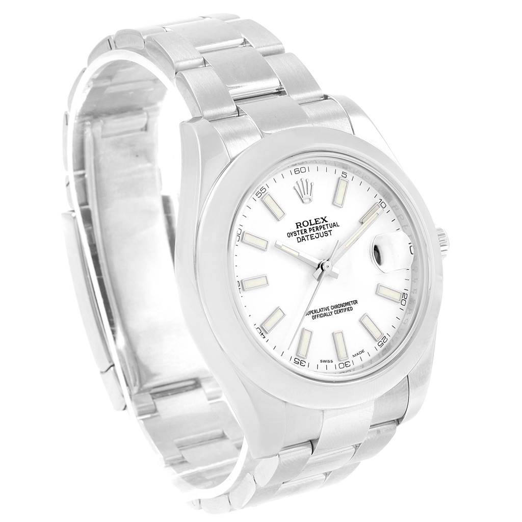 The Rolex Datejust 41 116300 Men
s Stainless Steel White Dial 116300 Men
s Stainless Steel White Dial is shown at a three-quarter angle, displaying the face, dial, and part of the bracelet.