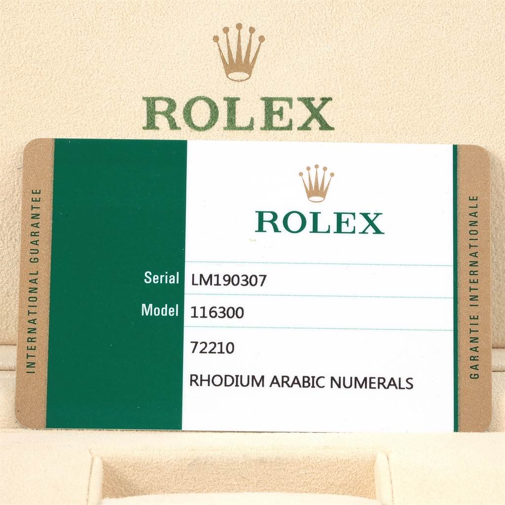 The image depicts the warranty card for a Rolex Datejust 41 116300 Men's Stainless Steel Silver Dial 116300 Men's Stainless Steel Silver Dial model, showcasing the brand and serial details.