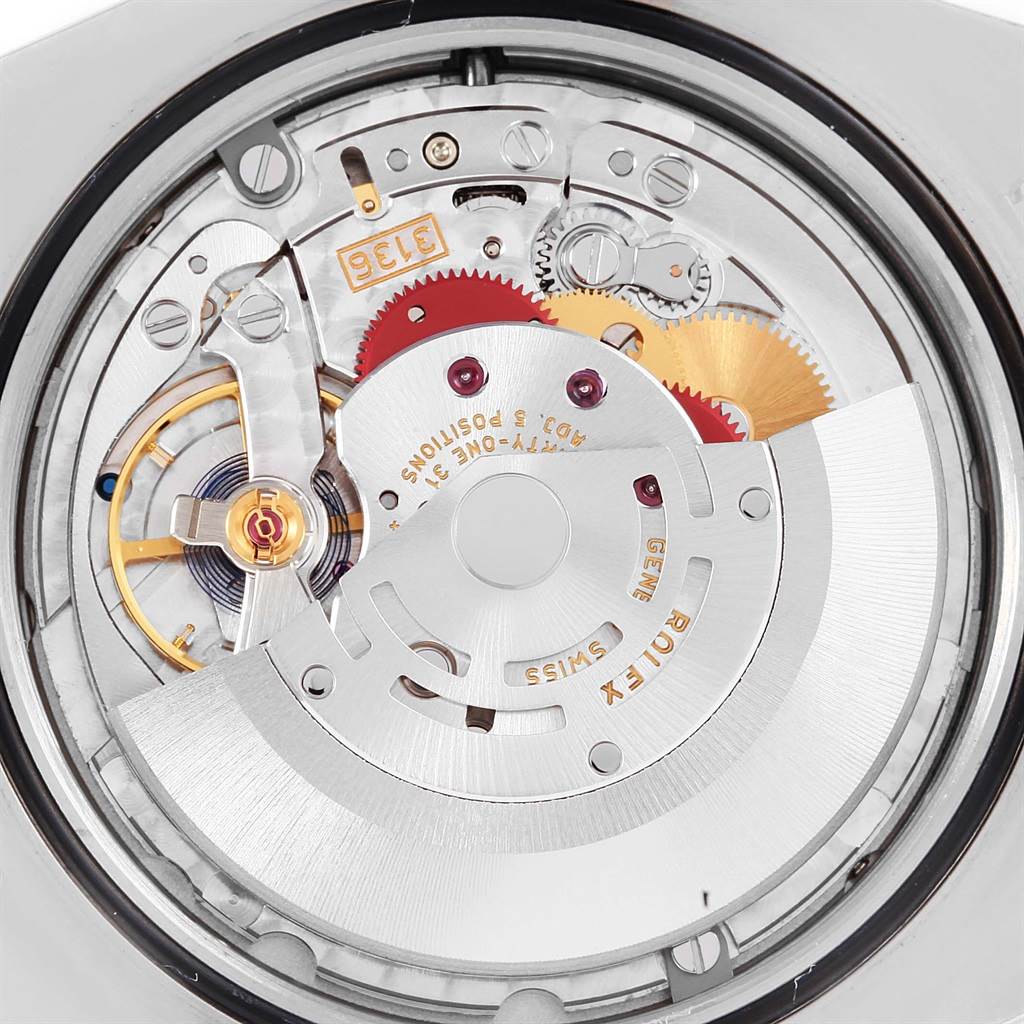 The image shows the intricate internal mechanisms and movement of a Rolex Datejust 41 116300 Men's Stainless Steel Silver Dial 116300 Men's Stainless Steel Silver Dial watch from a close-up rear angle.