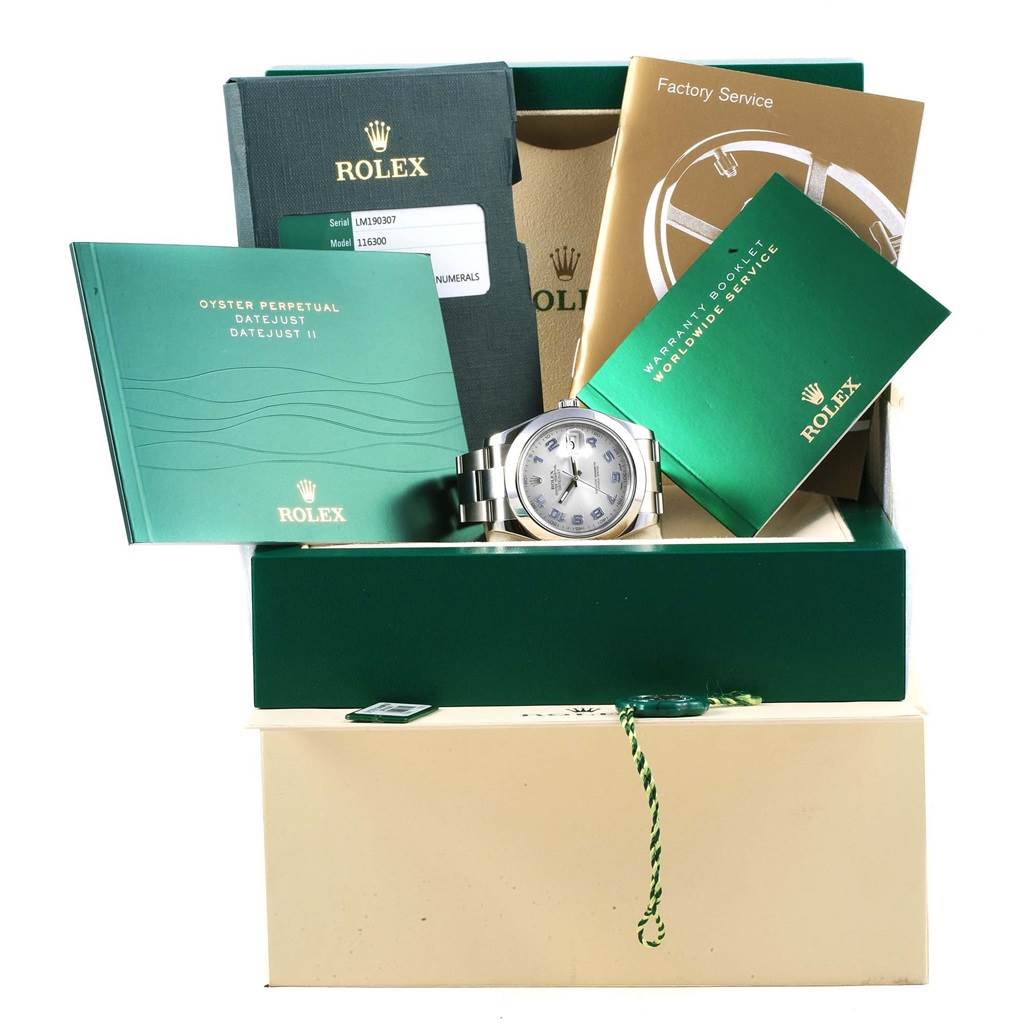 The image shows a Rolex Datejust 41 116300 Men's Stainless Steel Silver Dial 116300 Men's Stainless Steel Silver Dial watch with its box, warranty booklet, service manual, and additional documentation.