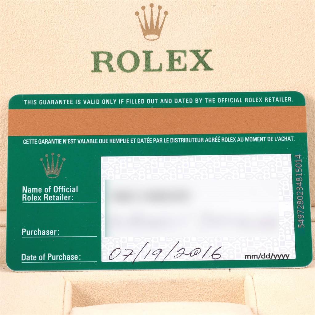 The image shows a warranty card for a Rolex Datejust 41 116300 Men's Stainless Steel Silver Dial 116300 Men's Stainless Steel Silver Dial, featuring the Rolex logo and purchase details.
